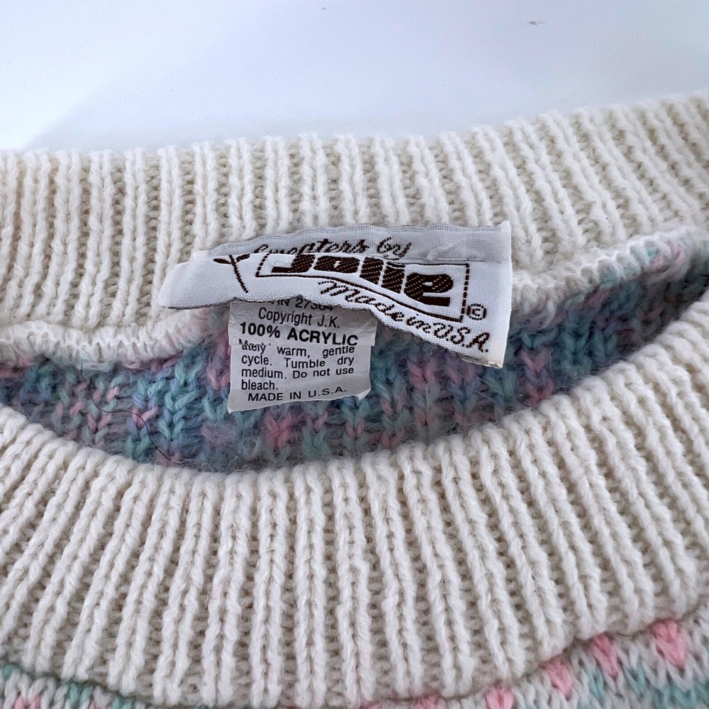 Vintage Sweaters by Jolie Pastel Geometric Knit Crewneck Sweater Ivory Pink Blue - Picture 5 of 8